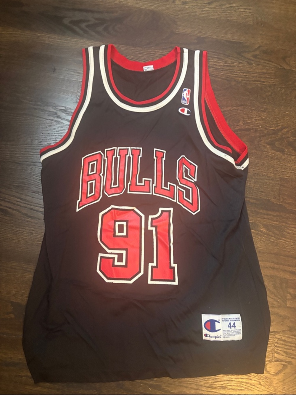 Dennis Rodman Bulls #91 Black and Red Basketball Jersey